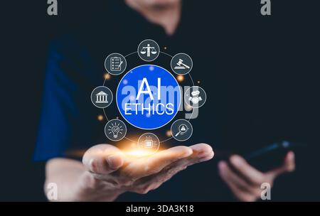 Etica e legge DELL'INTELLIGENZA artificiale nella governance dell'intelligenza artificiale. Icone relative all'etica dell'intelligenza artificiale, simboli di scale legali, sicurezza e responsabilità globale. eta Foto Stock