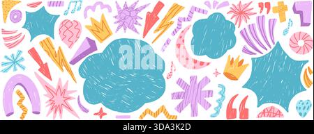 Sfondo pastello per bambini. Figure geometriche e astratte Set di scarabocchi per l'asilo disegnati a mano. Note musicali, fulmini, frecce adesivi da rottami scolastici. VEC Illustrazione Vettoriale