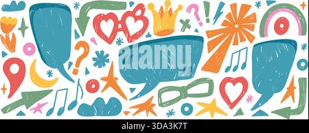 Elementi pastello funky Doodles impreziositi da ciondolo fatto a mano. Bolle di discorso con sole, corona, cuori adatti ai bambini o temi di testimonianze. Caselle di testo didascalie. Vect Illustrazione Vettoriale
