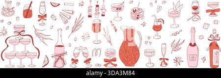 Bizzarro coquette addio al nubilato. Set di vini mediterranei girly disegnati a mano. Caraffa di sangria, vino, tapas, mocktail disegnato a mano, snack e Illustrazione Vettoriale