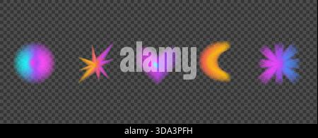 Cuore sfumato, icone lunari con punti di disturbo e texture granulosa. Allegri disegni degli adesivi al neon ispirati all'Y2K con figure geometriche moderne e olografiche Illustrazione Vettoriale