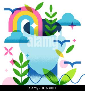 Illustrazione vettoriale colorata della testa umana aperta piena di arcobaleno, nuvole, foglie, uccelli. Creatività, mente positiva, crescita mentale, immaginazione, frequenza Illustrazione Vettoriale