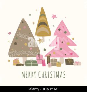 Carta di Natale creativa con alberi di Natale decorati per le feste e confezioni regalo. Biglietto di auguri natalizi con alberi di Natale originali. Illustrazione Vettoriale
