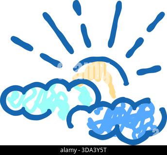 Icona meteo disegnata a mano che mostra il sole dietro le nuvole Illustrazione Vettoriale