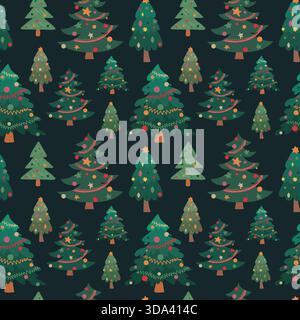 Festività natalizie senza cuciture con alberi verdi di Natale. Pini invernali con baule e decorazioni per tessuti e carta da imballaggio Illustrazione Vettoriale