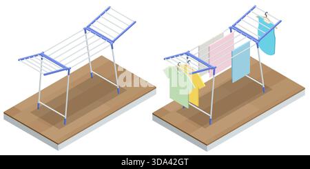 Illustrazione isometrica di un rack di asciugatura pieghevole vuoto e con gli abiti appesi. Le attrezzature per la lavanderia per uso domestico sono esposte su pavimento in legno per la casa Illustrazione Vettoriale