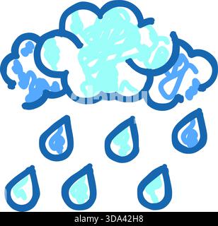 Icona nuvola disegnata a mano che piove di gocce di pioggia blu Illustrazione Vettoriale