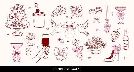 Elementi da sposa in coquette disegnati a mano. Simpatici simboli vintage con fiocco e nastro in semplice stile pastello. Arte alla moda per San Valentino e bachelo Illustrazione Vettoriale