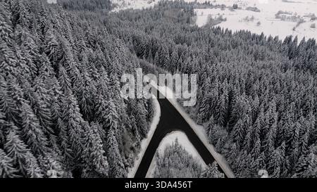 Vista aerea di una strada tortuosa che attraversa una fitta foresta innevata in inverno. Foto Stock
