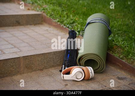 Una piacevole palestra all'aperto con attrezzature sostenibili su gradini erbosi illuminati dal sole Foto Stock