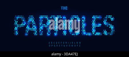 Blue Light Digital font Logo Alphabet Vector Set di lettere di particelle luminose Tipografia moderna, Blockchain disegno tipografico titolo testo, poster tipografico Illustrazione Vettoriale
