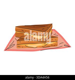 Porzione di formaggio grigliato. Cheddar o mozzarella vettoriali tostati o fusi. Pasto americano a base di latte o panino gooey. Elemento nutritivo per il pane. Clipart culinario e ricetta. Gastronomia e nutrizione. Illustrazione Vettoriale