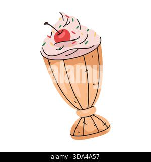 Bevanda vettoriale a base di latte o bevanda a base di latte. Latte cotto vettoriale o gelato con ciliegia in vetro. Dessert dolce per ricette o caffè, fast food bar o ristorante, bistrot. Frullato in tazza. Estate. Illustrazione Vettoriale