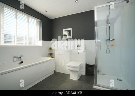 Bagno moderno con finestre luminose e design pulito con vasca e cabina doccia Foto Stock