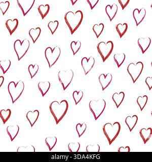 Cuori rosa rossi su sfondo bianco. Motivo senza cuciture astratto. Elemento di design verniciato con pennello. Stampa minimalista per i tuoi progetti di design di san valentino Illustrazione Vettoriale