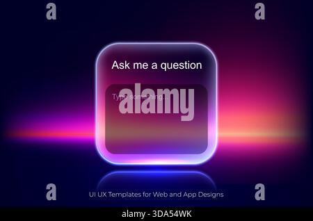 Cornice in vetro neon con effetto vetro sfocato. Mi faccia una casella delle domande. Cornice Glassmorphism su sfondo con gradiente neon. Piastra in vetro trasparente con Illustrazione Vettoriale