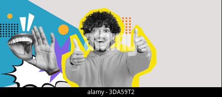 Collage creativo con un giovane gioioso che dona Thumbs Up ed esprime emozioni Foto Stock
