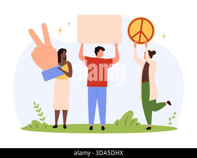 Gruppo di persone diverse che tengono un segno di pace, un cartello vuoto e fanno un gesto di vittoria, simboleggiano l'armonia, il messaggio anti-guerra e l'attivismo sociale, illustrazioni vettoriali isolate Illustrazione Vettoriale