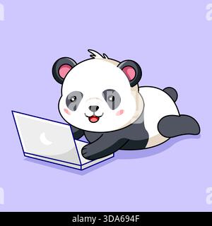 Simpatico Baby Panda sdraiato e con un laptop Vector Illustration Cartoon Design Illustrazione Vettoriale