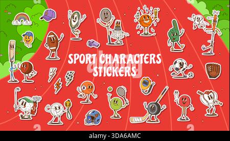 Adesivi per personaggi dello sport da brivido confezione di pallacanestro, calcio, mazza da baseball, puck da hockey e racchetta da tennis, fischio, cronometro, medaglia d'oro, dito in schiuma, accessori sportivi per cartoni animati vettoriali Illustrazione Vettoriale