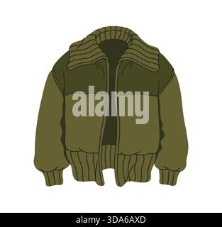 Giacca verde guardaroba invernale, elemento indumento caldo. Adesivo per abiti da esterno in autunno o primavera, giacca da guardaroba invernale elemento vettoriale isolato. Abbigliamento per climi freddi, accessori o elementi isolati Illustrazione Vettoriale