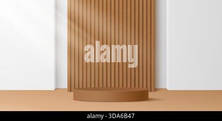 palcoscenico marrone realistico in 3d con parete e arco in legno. Mockup di presentazione della moda vettoriale, esposizione di packaging e layout espositivo dello showroom con piattaforma in legno naturale e scena rotonda bassa Illustrazione Vettoriale