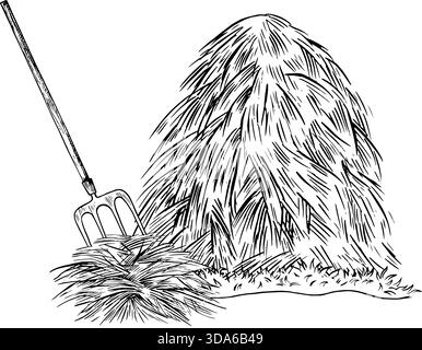 Un pagliaio e un forcone. Un'illustrazione vettoriale in bianco e nero disegnata a mano. Mangimi per animali. Per la progettazione di progetti agricoli e di imballaggi Illustrazione Vettoriale