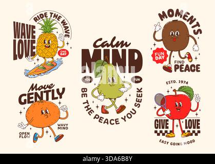 Allegri personaggi fruttati adesivi e stampe di t shirt. Personaggi cartoni animati vettoriali di ananas y2k, pera, mela, arancia e kiwi con sneakers retrò, volti gioiosi e citazioni motivazionali Illustrazione Vettoriale