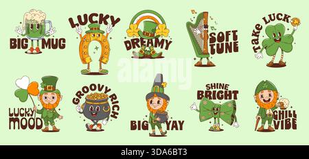 Adesivi celebri del giorno di San Patrizio irlandese y2k con cartoni animati allegri leprechauns, shamrock, monete d'oro, tazza da birra, arcobaleno e stravaganti didascalie. Patch vettoriali per feste e feste Illustrazione Vettoriale
