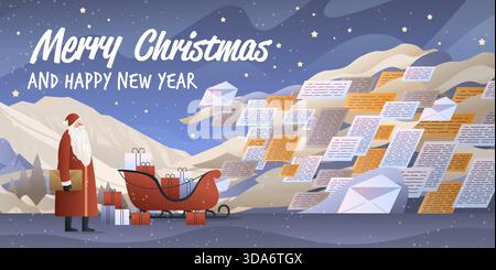Babbo Natale Capodanno 2026 celebrazione paesaggio invernale regali lettere slitta buste cielo notturno montagne neve scena vacanza banner sito web Illustrazione Vettoriale