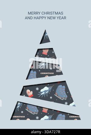 Biglietto d'auguri natalizio con buon Natale e felice anno nuovo e albero stilizzato realizzato con segmenti festivi a triangolo con pattini delle icone invernali Illustrazione Vettoriale
