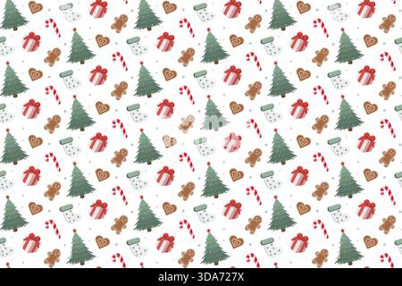 Perfetto motivo natalizio con alberi decorati, bastoncini di caramelle, biscotti al pan di zenzero, calze e regali. Sfondo bianco con fiocchi di neve blu Illustrazione Vettoriale