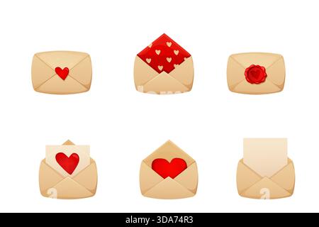 Lettera d'amore a busta retrò, buste romantiche aperte e chiuse con biglietti, lettere, vari elementi. Vintage coquette giorno dell'amore o ricevimento di nozze. Illustrazione vettoriale Illustrazione Vettoriale