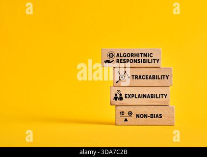 Blocchi di legno impilati che mostrano i principi fondamentali della tecnologia etica, enfatizzando la responsabilità algoritmica, la responsabilità, la trasparenza e l'equità Foto Stock