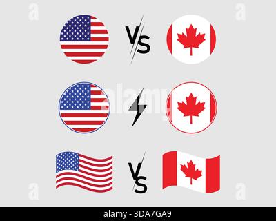 Bandiere e simboli nazionali USA e canada che rappresentano competizione e rivalità in un formato grafico. Illustrazione Vettoriale