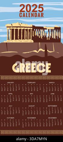 Calendario mensile 2025 Grecia Atene poster viaggi, colonne rovine tempio antico, antica cultura e architettura mediterranea europea Illustrazione Vettoriale