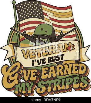 Veterano d'epoca mi sono guadagnato il mio design di T-shirt Stripes Illustrazione Vettoriale