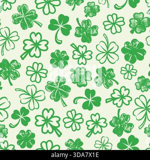 Albero verde e quadrifoglio senza cuciture per la giornata di St. Patricks. Elementi grungy disegnati a mano per le festività nazionali irlandesi per tessuti, imballaggi e. Illustrazione Vettoriale
