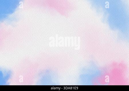 Morbide nuvole di acquerello rosa pastello e blu su carta bianca testurizzata che formano un delicato sfondo astratto Foto Stock