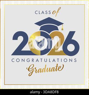 Classe 2026 Congratulazioni progetto certificato di laurea. Elementi dorati e linee ondulate Illustrazione Vettoriale