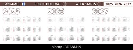 2025, 2026, 2027 anni di calendario vettoriale in lingua ebraica, la settimana inizia domenica. Calendario vettoriale. Illustrazione Vettoriale