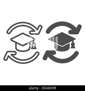 Due frecce, linea cappello studente e icona solida, concetto di programma di scambio studenti. Grafica vettoriale. Cappello laureato, insegna educativa su sfondo bianco, o Illustrazione Vettoriale