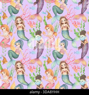 Motivo acquerello senza cuciture con simpatica sirena Foto Stock