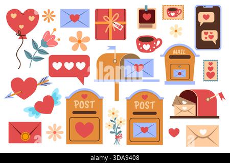 Serie di illustrazioni di San Valentino. Collezione di clip art di San Valentino con lettera d'amore, tazza, fiori, cuore, regalo, e la cassetta postale. Pianeggiante Illustrazione Vettoriale