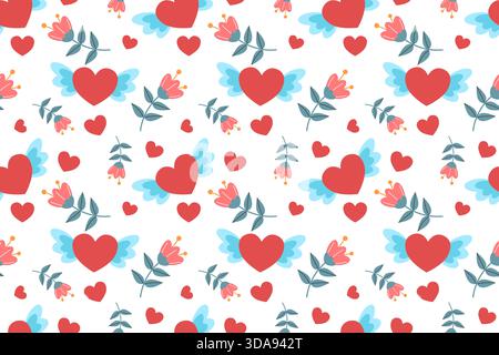 Festività con motivo senza cuciture per San Valentino. Ornamento con cuori. Illustrazione piatta. Illustrazione Vettoriale