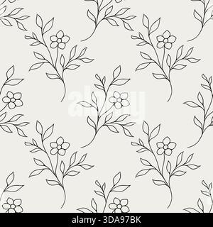Un delicato e minimalista motivo vettoriale senza cuciture con sottili rami neri con semplici fiori di cinque petali e foglie su un backgroun Cloud Dancer Illustrazione Vettoriale