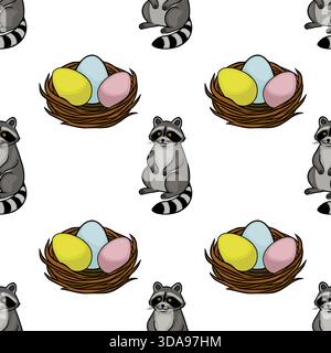 Stravagante motivo vettoriale con simpatici procioni e uova di Pasqua colorate nei nidi, perfetto per i disegni a tema primaverile. Illustrazione Vettoriale