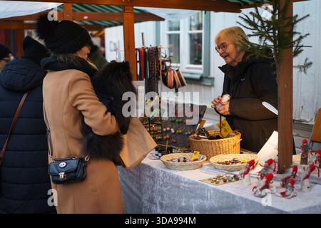 Örebro, Närke - Svezia, 12-09-2025 donna con un cane nero della pomerania al mercatino di natale di Wadköping. Foto Stock