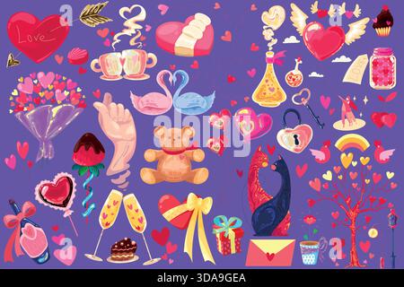 Colorata collezione romantica, allegra serie di simboli che celebrano l'affetto e le occasioni speciali Illustrazione Vettoriale