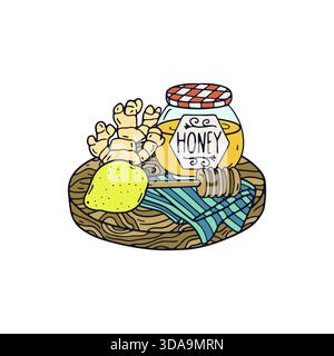 Vaso di miele trafilato a mano con zenzero e limone su tavola di legno illustrazione vettoriale. Influenza medicina naturale clipart Illustrazione Vettoriale